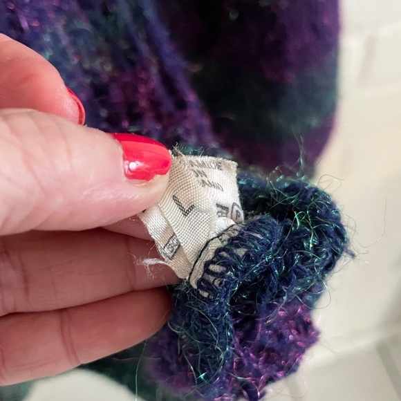 Vintage Knit Sweater/Tunic/dress Polo Stripes Metallic Iridescent purple Teal L - Picture 10 of 12